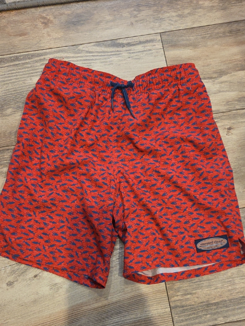 Vineyard Vines Orange Swim Shorts with Navy Fish Motif